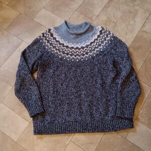 L.L. Bean Women Funnel Neck Cotton Ragg Pullover Sweater Knit Blue Fair Isle XL